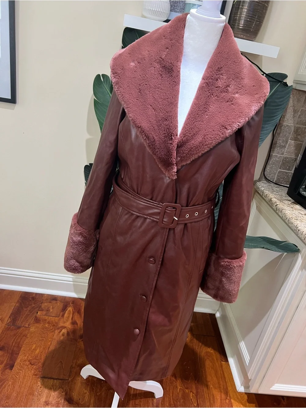 Avec Les Filles Rich Chestnut Faux Leather Jacket with Faux Fur Trim Medium - Picture 2 of 12